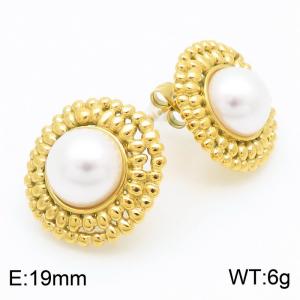 French retro personalized stainless steel creative circular inlay with pearl temperament versatile gold earrings - KE115560-KFC