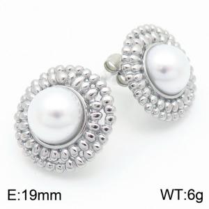 French retro personalized stainless steel creative circular inlay with pearl temperament versatile silver earrings - KE115561-KFC