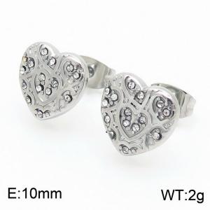 European and American fashion personality stainless steel creative inlay full of diamond heart-shaped temperament versatile silver earrings - KE115567-KFC