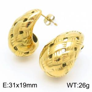 European and American fashion personality stainless steel creative hollow woven water droplet shape temperament versatile gold earrings - KE115571-KFC