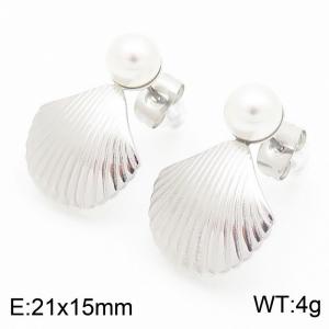 French retro personalized stainless steel creative pearl ball earrings spliced with shell pendant geometric charm silver earrings - KE115662-KFC