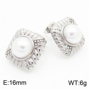 French court style retro personality stainless steel creative pearl diamond square jewelry temperament silver earrings - KE115672-KFC