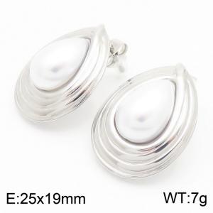 Fashionable and personalized stainless steel creative inlaid pearl shell stripes water droplet shaped women's jewelry temperament silver earrings - KE115676-KFC