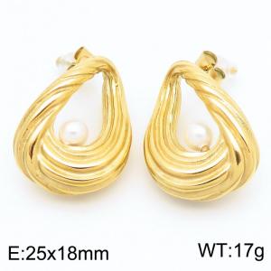 French Temperament Stainless Steel Stud Earrings Female Retro High Sense Threaded Pearl Earrings - KE115915-GC