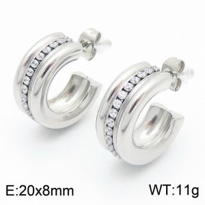French fashion titanium steel C-shaped double tube diamond studded earrings in the middle - KE115966-KFC