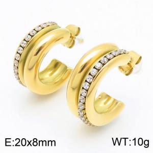 French fashion titanium steel C-shaped double tube single-sided diamond studded earrings - KE115967-KFC