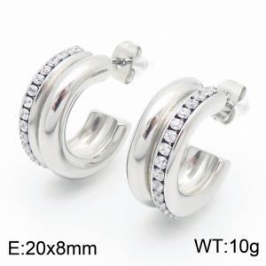 French fashion titanium steel C-shaped double tube single-sided diamond studded earrings - KE115968-KFC