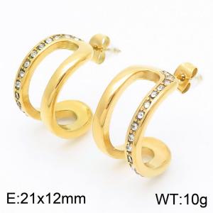 French fashion titanium steel C-shaped hollow single-sided diamond studded earrings - KE115969-KFC