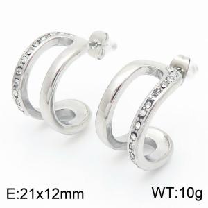 French fashion titanium steel C-shaped hollow single-sided diamond studded earrings - KE115970-KFC