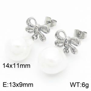 Simple Luxury Diamond Bow Titanium Steel Earring Fashion Pearls Pendant Drop Earrings For Women - KE115975-GC