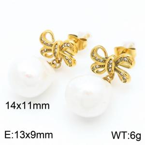 Simple Luxury Diamond Bow Titanium Steel Earring Fashion Pearls Pendant Drop Earrings For Women - KE115976-GC