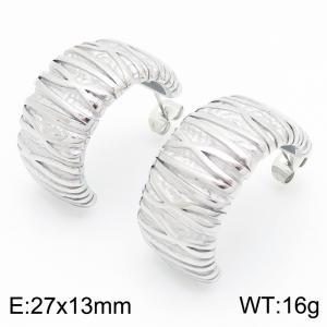 European and American fashion stainless steel creative design wrinkled geometric texture C-shaped jewelry charm silver earrings - KE116081-KFC