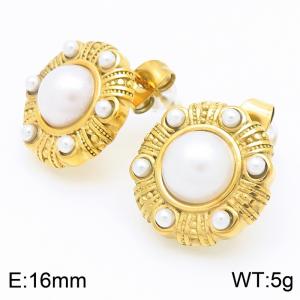 French court style retro personality stainless steel round inlaid pearl shell jewelry temperament gold earrings - KE116082-KFC