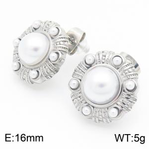 French court style retro personality stainless steel round inlaid pearl shell jewelry temperament silver earrings - KE116083-KFC