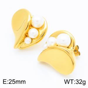 European and American fashion personality stainless steel creative irregular heart-shaped clip size pearl temperament gold earrings - KE116182-GC