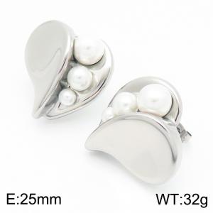 European and American fashion personality stainless steel creative irregular heart-shaped clip size pearl temperament silver earrings - KE116183-GC