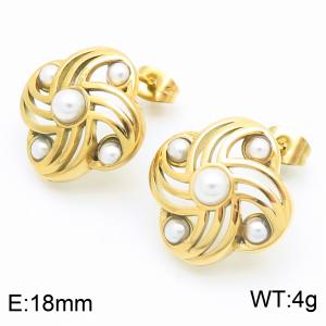 Gold Color Shell Imitation Pearl Spiral Whirlwind Shape Stainless Steel Stud Earrings For Women - KE116193-KFC