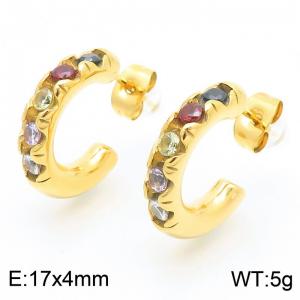 Gold Color Muticolor Cubic Zirconia C Shape Stainless Steel Stud Earrings For Women - KE116218-KFC