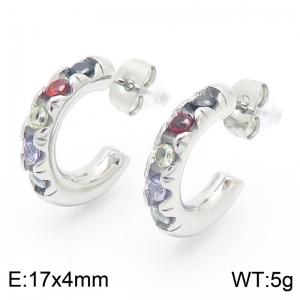 Silver Color Muticolor Cubic Zirconia C Shape Stainless Steel Stud Earrings For Women - KE116219-KFC