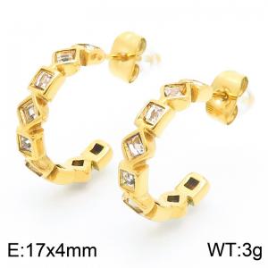 Gold Color Square White Cubic Zirconia C Shape Stainless Steel Stud Earrings For Women - KE116220-KFC