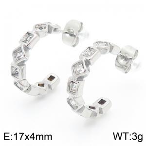 Silver Color Square White Cubic Zirconia C Shape Stainless Steel Stud Earrings For Women - KE116221-KFC