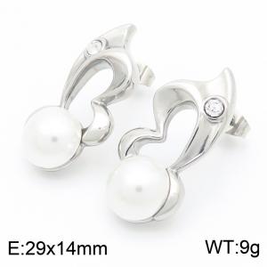 European and American fashion personality stainless steel creative irregular hollow heart inlay with diamond and pearl charm silver earrings - KE116256-GC