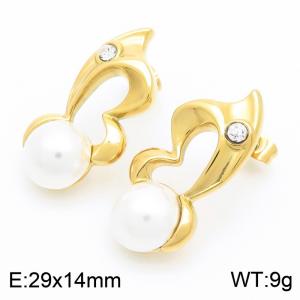 European and American fashion personality stainless steel creative irregular hollow heart inlay with diamond and pearl charm gold earrings - KE116257-GC