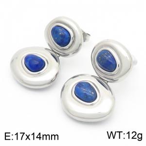 Fashionable and personalized stainless steel creative irregular double circle inlaid deep blue gemstone temperament silver earringss - KE116264-GC