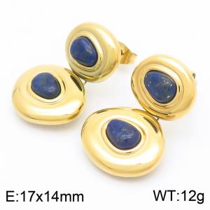 Fashionable and personalized stainless steel creative irregular double circle inlaid deep blue gemstone temperament gold earrings - KE116265-GC