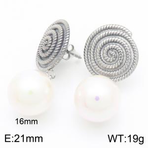 French retro personalized stainless steel spiral texture round splicing pearl pendant temperament silver tassel earrings - KE116266-GC