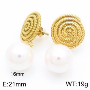 French retro personalized stainless steel spiral texture round splicing pearl pendant temperament gold tassel earrings - KE116267-GC