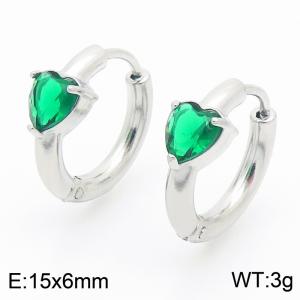 European and American fashion personality stainless steel heart-shaped inlaid with green diamonds temperament silver circle earrings - KE116273-GC