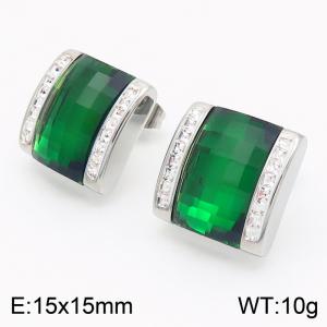 Green crystal glass square stainless steel earrings in steel color - KE116276-GC