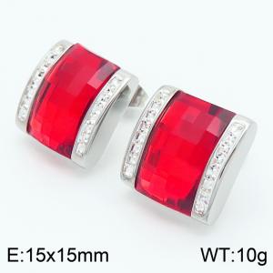 Red crystal glass Square Diamond Set Stainless Steel Earrings in Steel Color - KE116277-GC