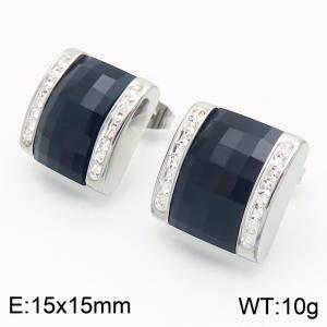 Black crystal glass Square Diamond Set Stainless Steel Earrings in Steel Color - KE116278-GC