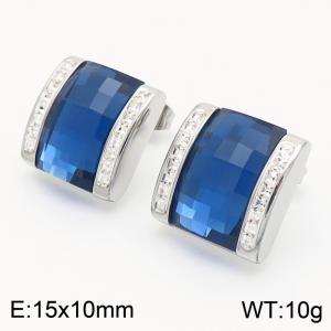 Blue crystal glass square stainless steel earrings in steel color - KE116279-GC