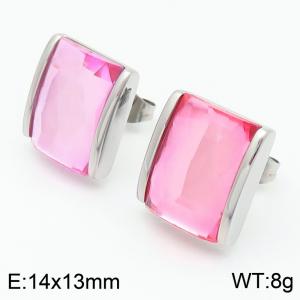 Pink crystal glass Square Stainless Steel Earrings in Steel Color - KE116280-GC