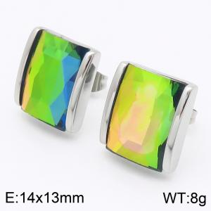 Aurora colored crystal glass square stainless steel earrings in steel color - KE116283-GC