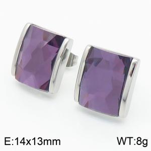 Purple crystal glass Square Stainless Steel Earrings in Steel Color - KE116284-GC