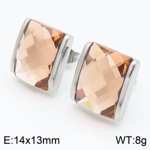 Champagne colored crystal glass square stainless steel steel earrings in steel color - KE116286-GC