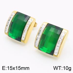 Green crystal glass Square Diamond Set Stainless Steel Gold Earrings - KE116290-GC