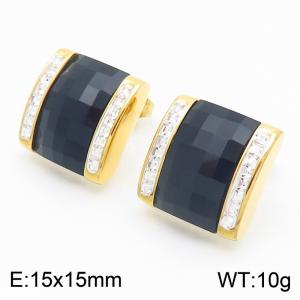 Black crystal glass Square Diamond Set Stainless Steel Gold Earrings - KE116291-GC