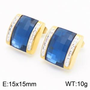 Blue crystal glass Square Diamond Set Stainless Steel Gold Earrings - KE116292-GC