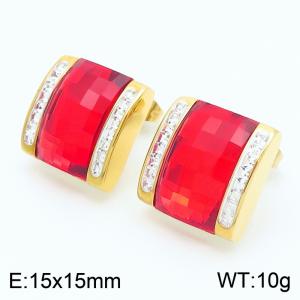 Red crystal glass Square Diamond Set Stainless Steel Gold Earrings - KE116293-GC