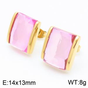 Pink crystal glass Square Stainless Steel Gold Earrings - KE116296-GC