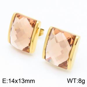 Champagne colored crystal glass square stainless steel gold earrings - KE116297-GC