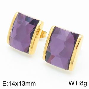 Purple crystal glass Square Stainless Steel Gold Earrings - KE116302-GC