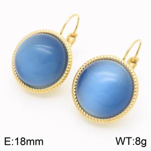 18mm Gold Edged Fashionable Women's Blue Gemstone Stainless Steel Earrings - KE116325-GC