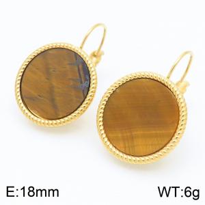 18mm Gold Edged Women's Brown Falt Gemstone Stainless Steel Earrings - KE116342-GC