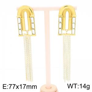 European and American fashion personality stainless steel creative geometric U-shaped splicing multiple thin chains charm gold long tassel earrings - KE116368-GC